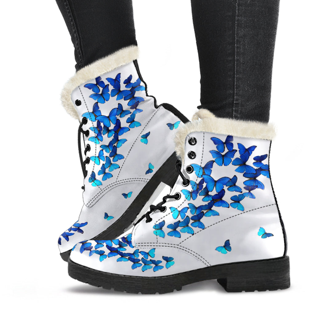 White and Blue Butterflies Fur Leather Boots