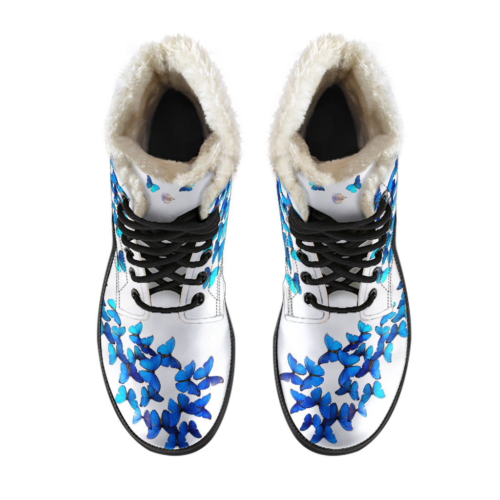 White and Blue Butterflies Fur Leather Boots