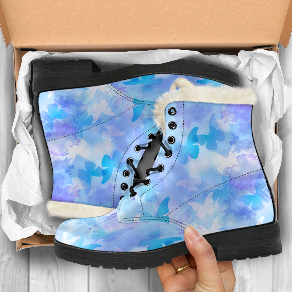 Blue Watercolors Butterflies Fur Lined Boots by SophieStar