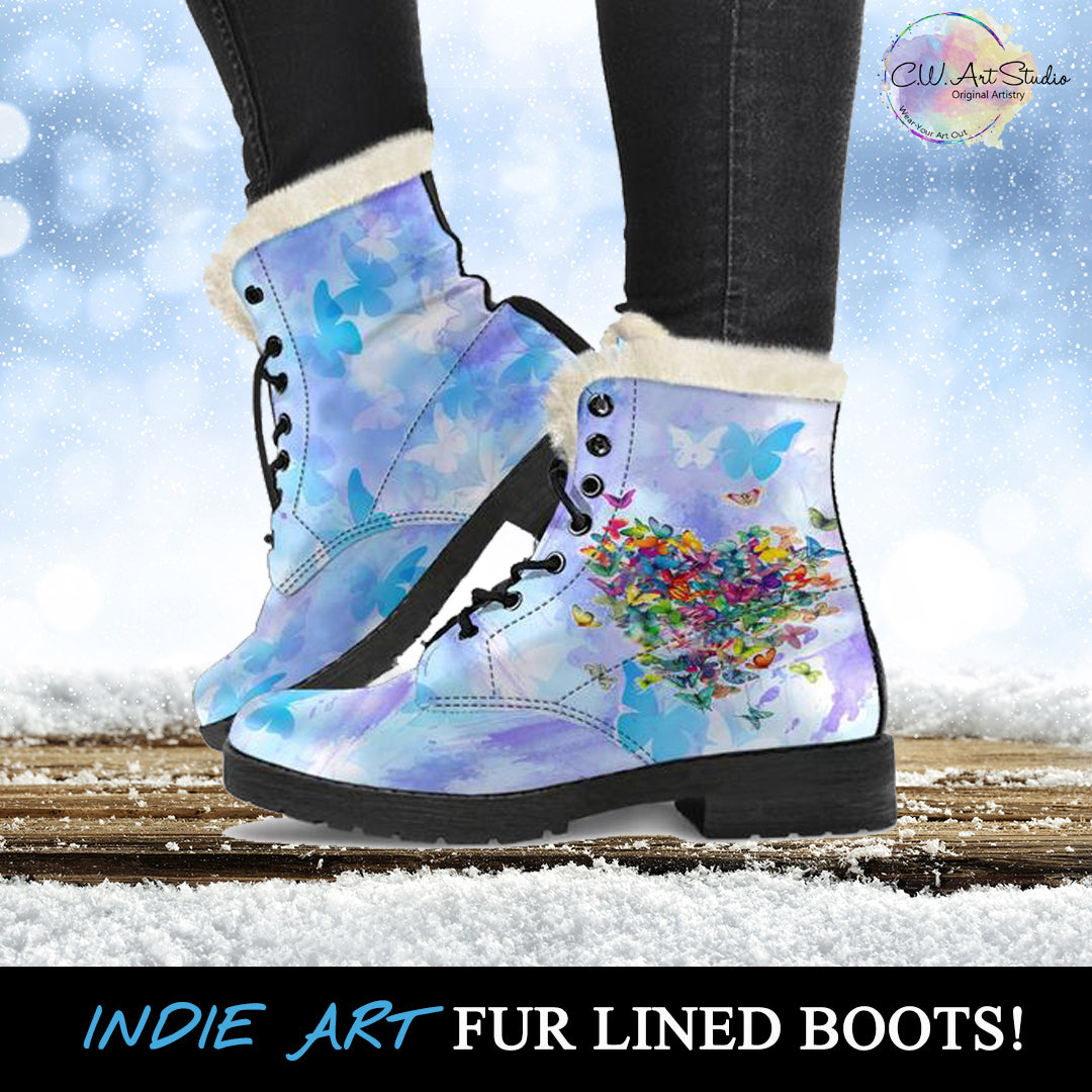 Blue Watercolors Butterflies Fur Lined Boots by SophieStar