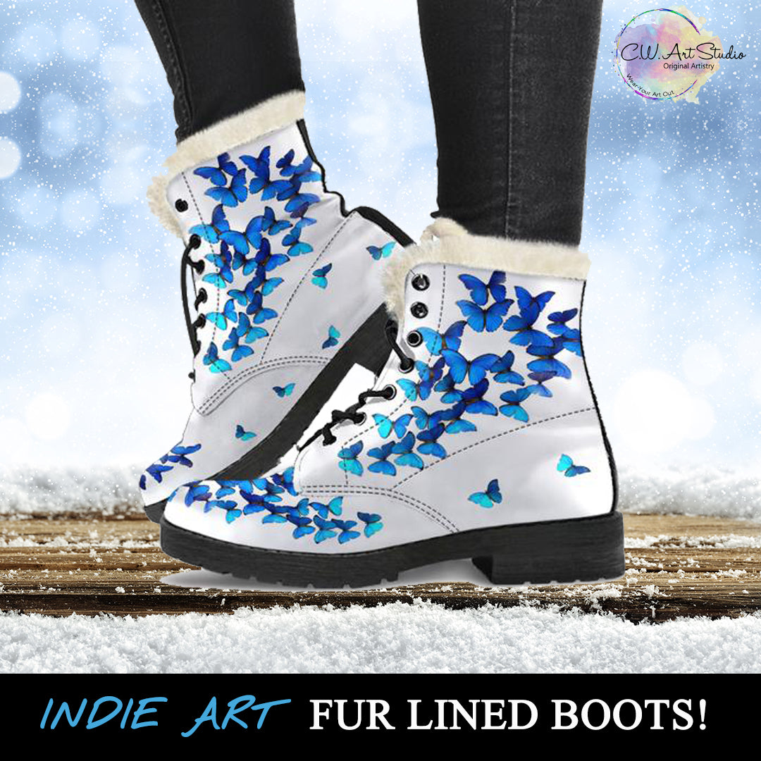 White and Blue Butterflies Fur Leather Boots