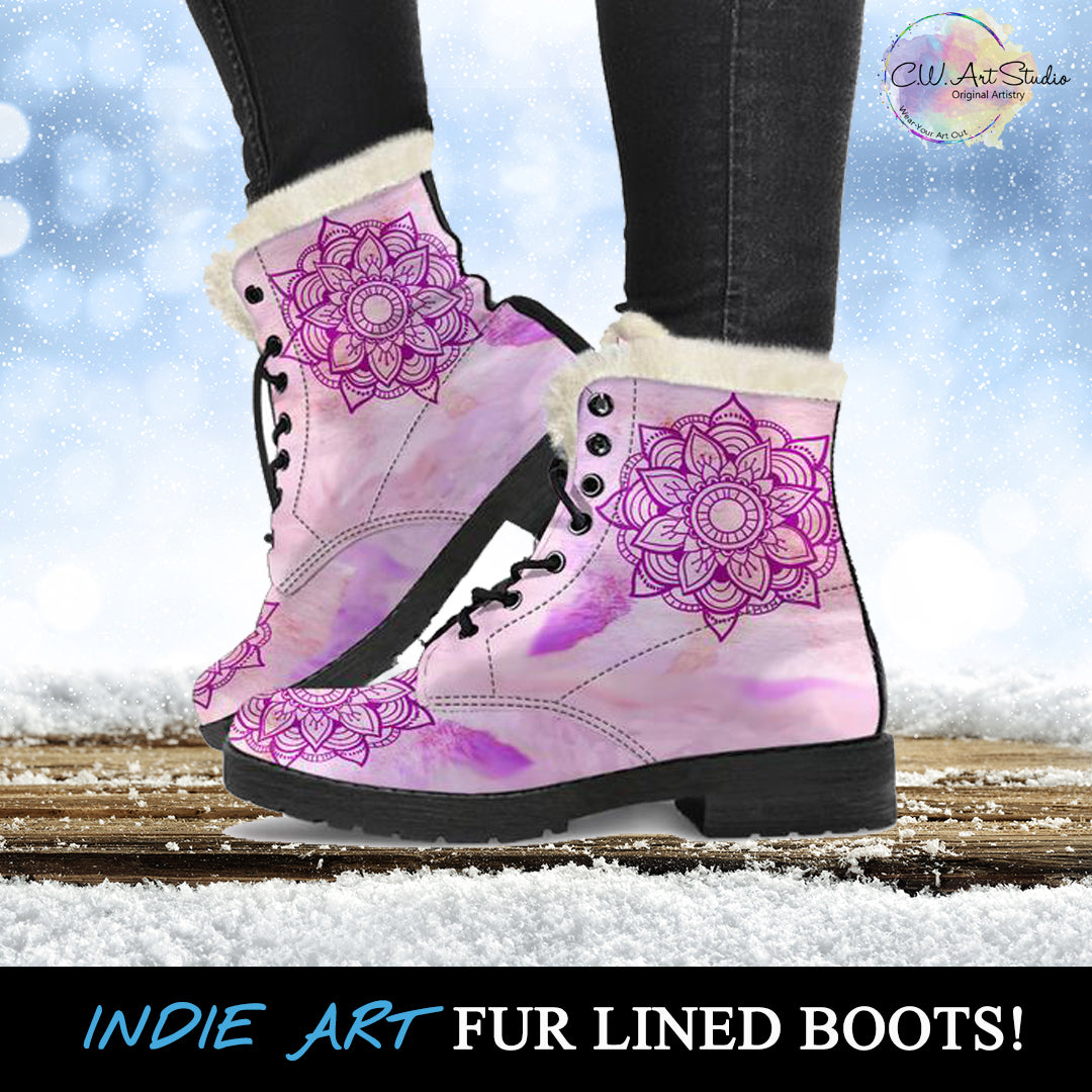 Pink Mandala Fur Lined Leather Boots