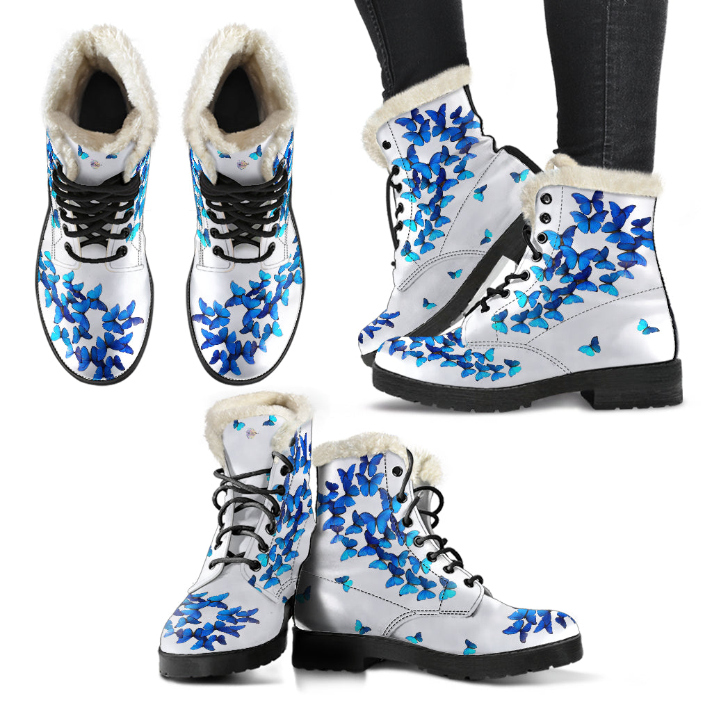 White and Blue Butterflies Fur Leather Boots