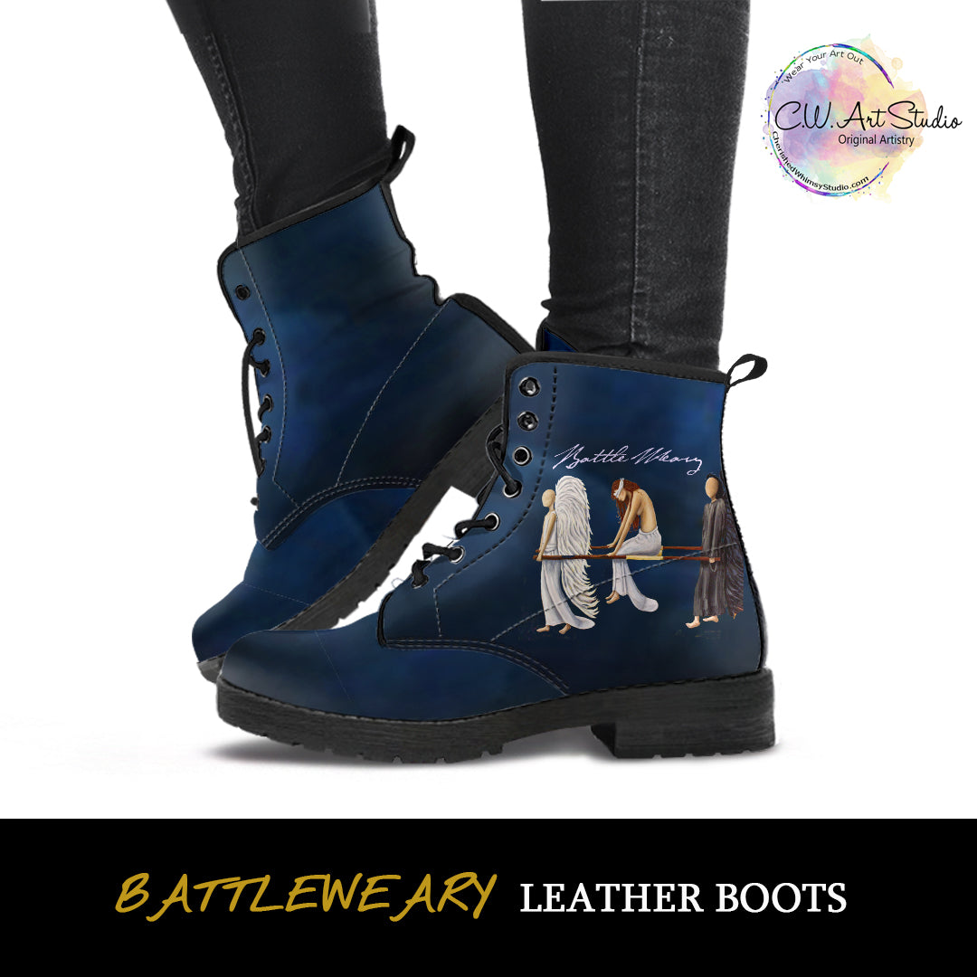 Battle Weary Angels Indie Art Leather Boots