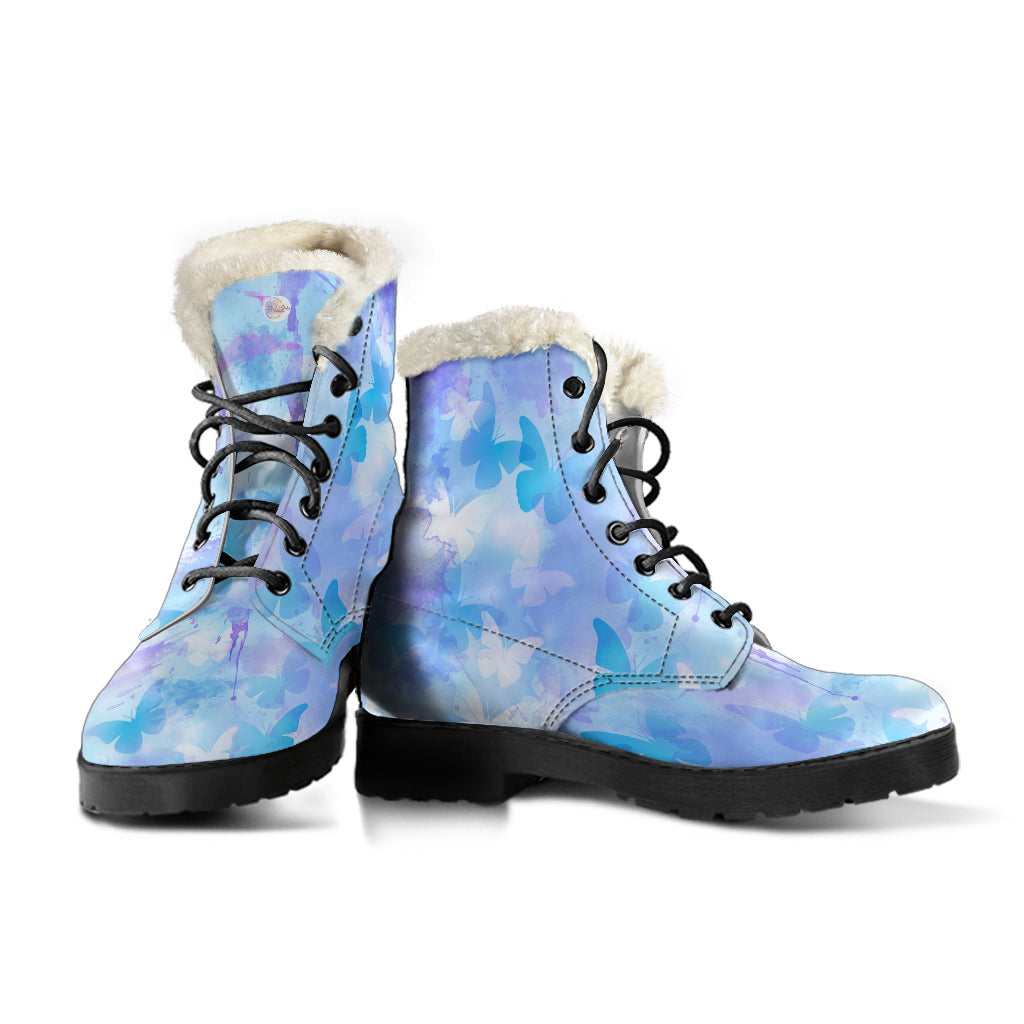 Blue Watercolors Butterflies Fur Lined Boots by SophieStar