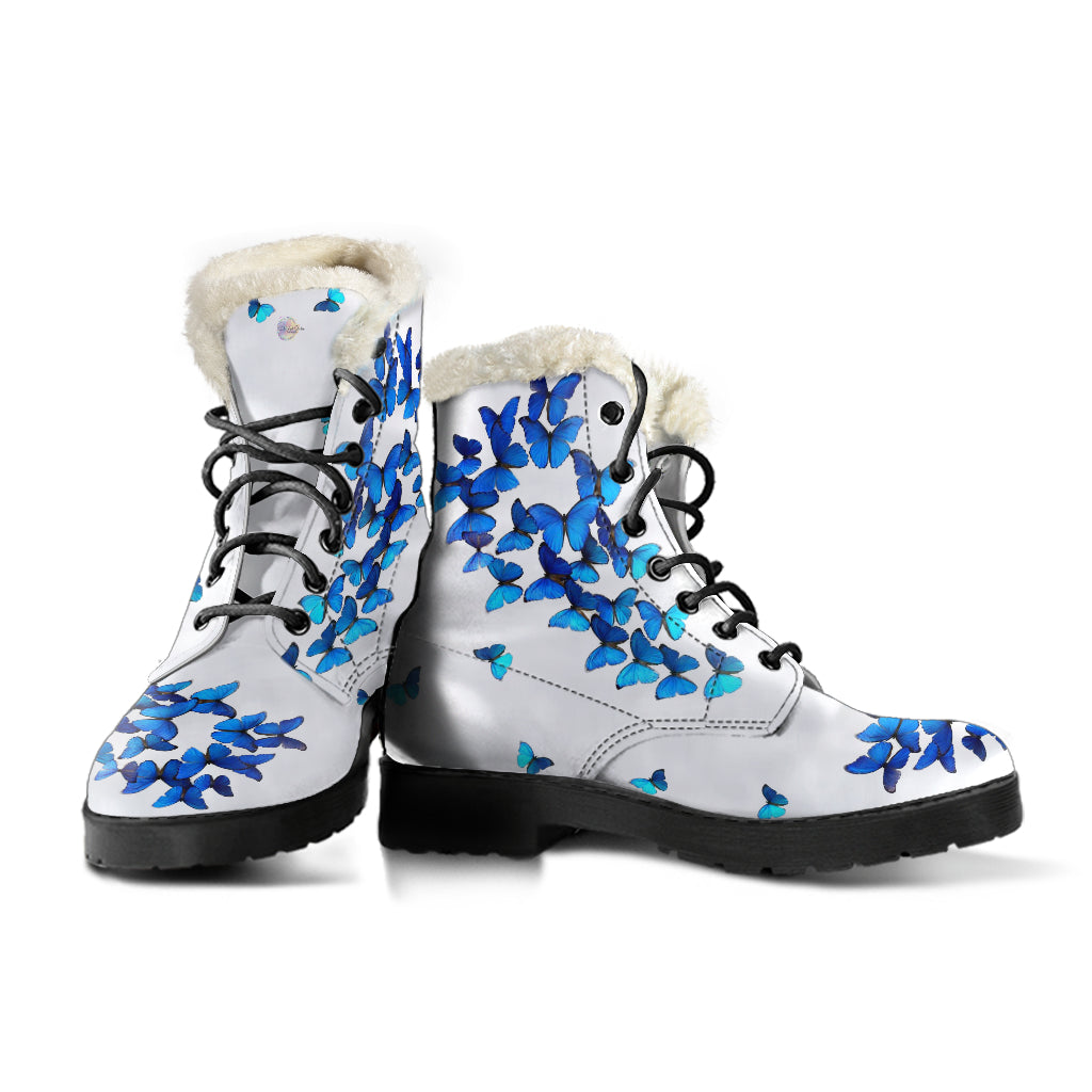 White and Blue Butterflies Fur Leather Boots