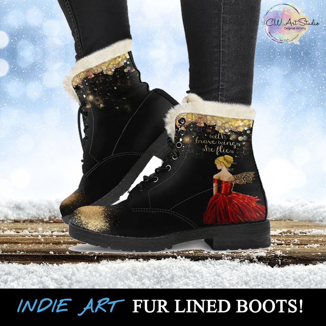 With Brave wings She Flies Indie Art Fur Lined Boots